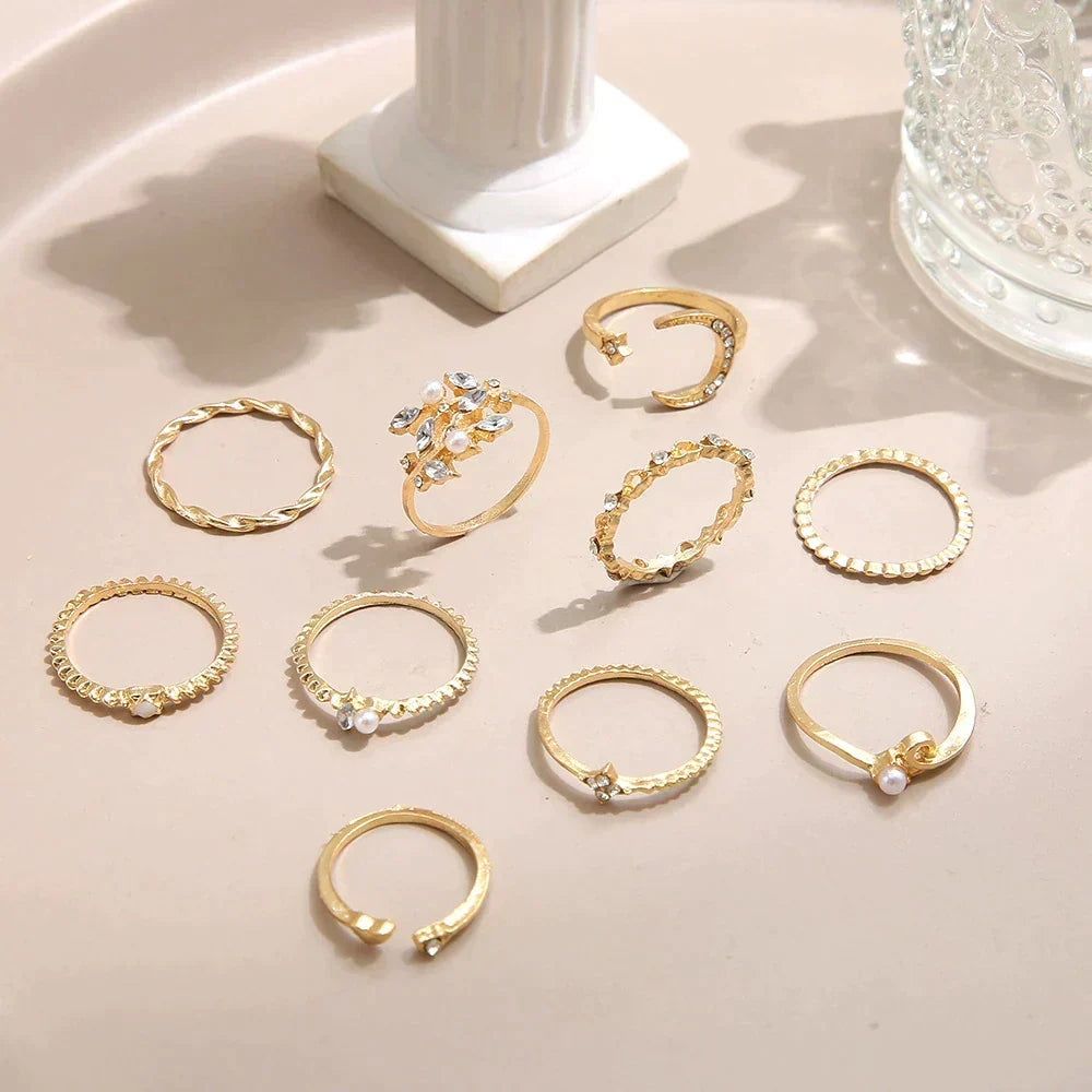 Annemarie | Set di 10 anelli bohémien, placcati in argento e oro — 3