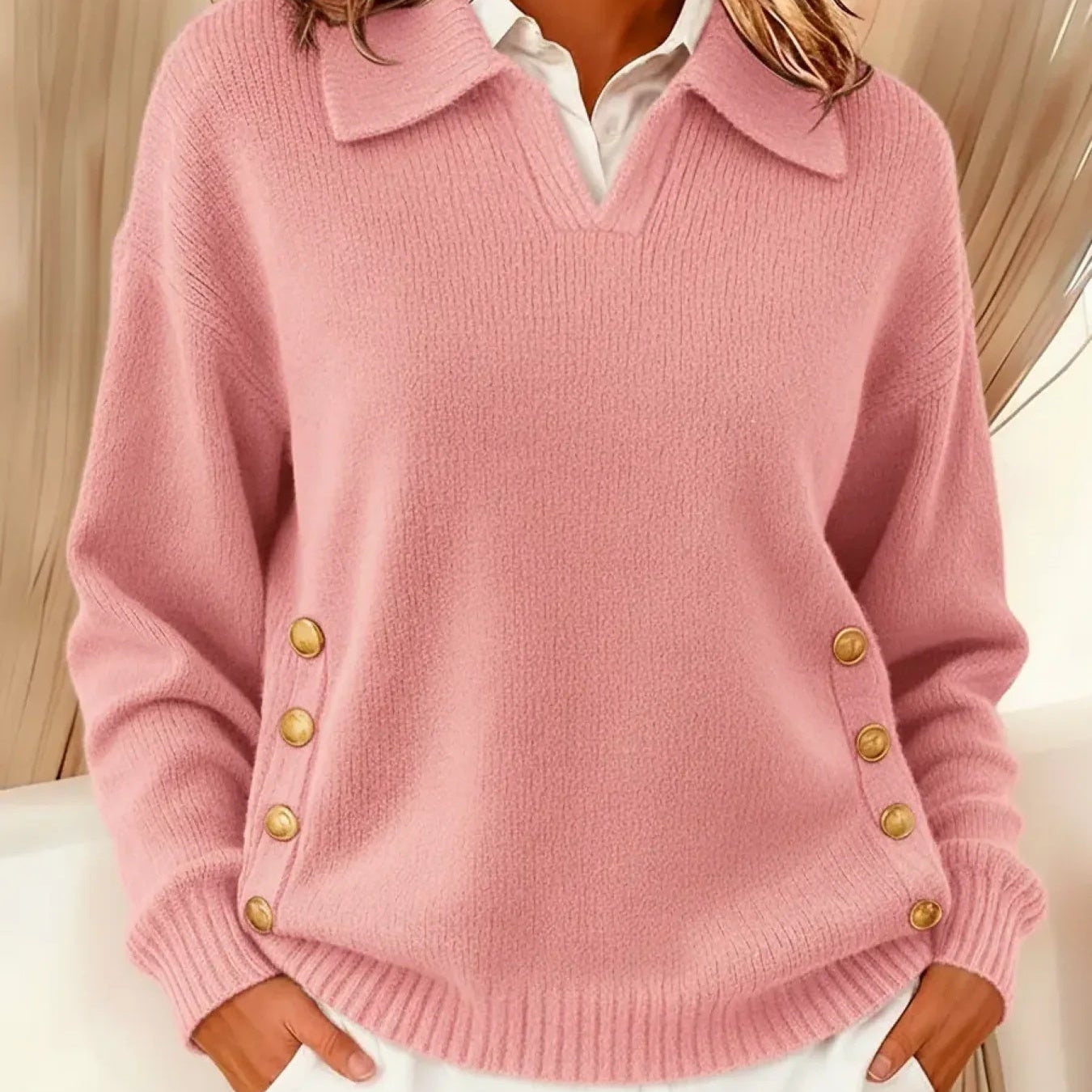 Roswitha | Pullover con colletto polo e bottoni color oro — 2