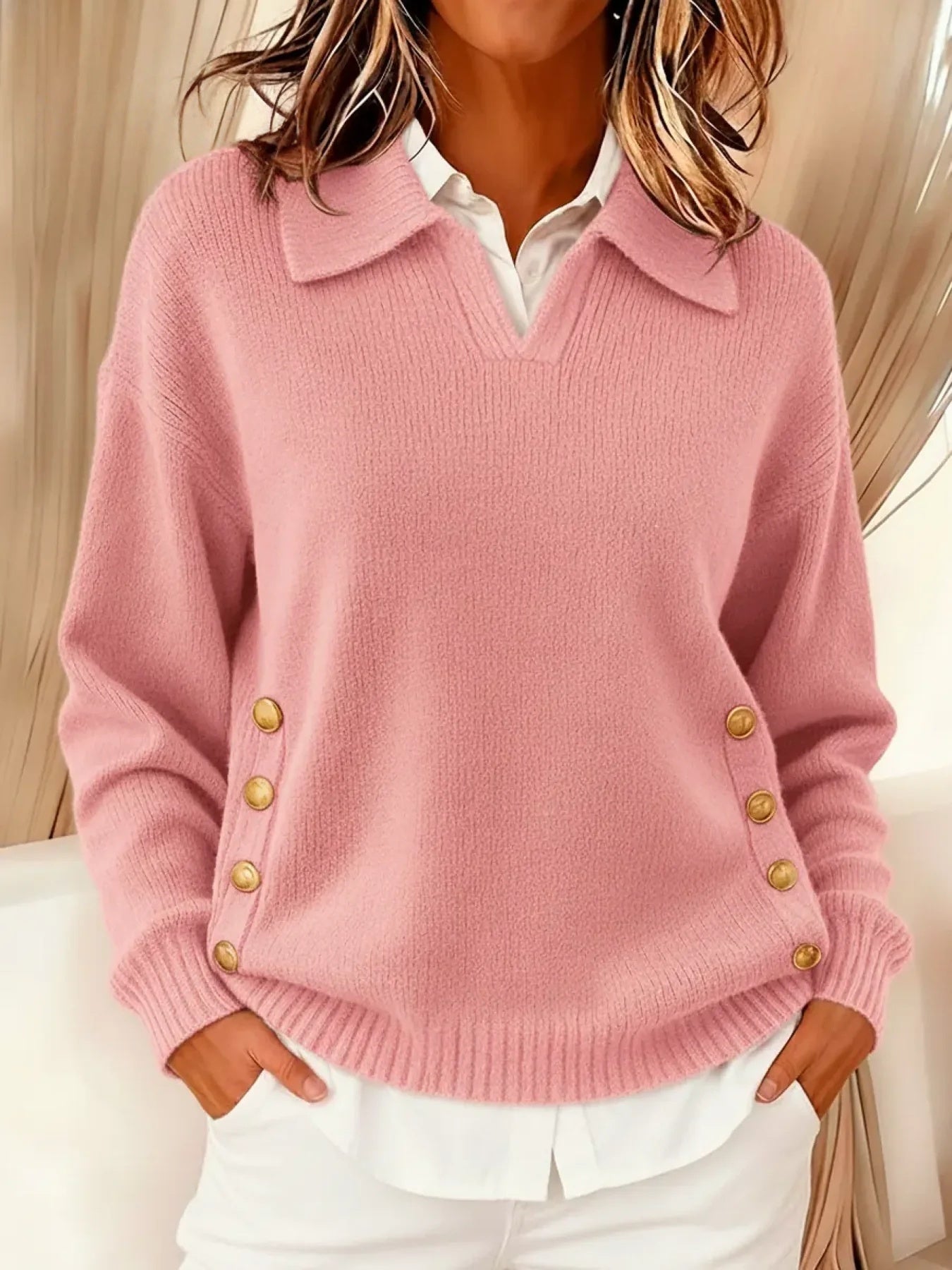 Roswitha | Pullover con colletto polo e bottoni color oro — 2