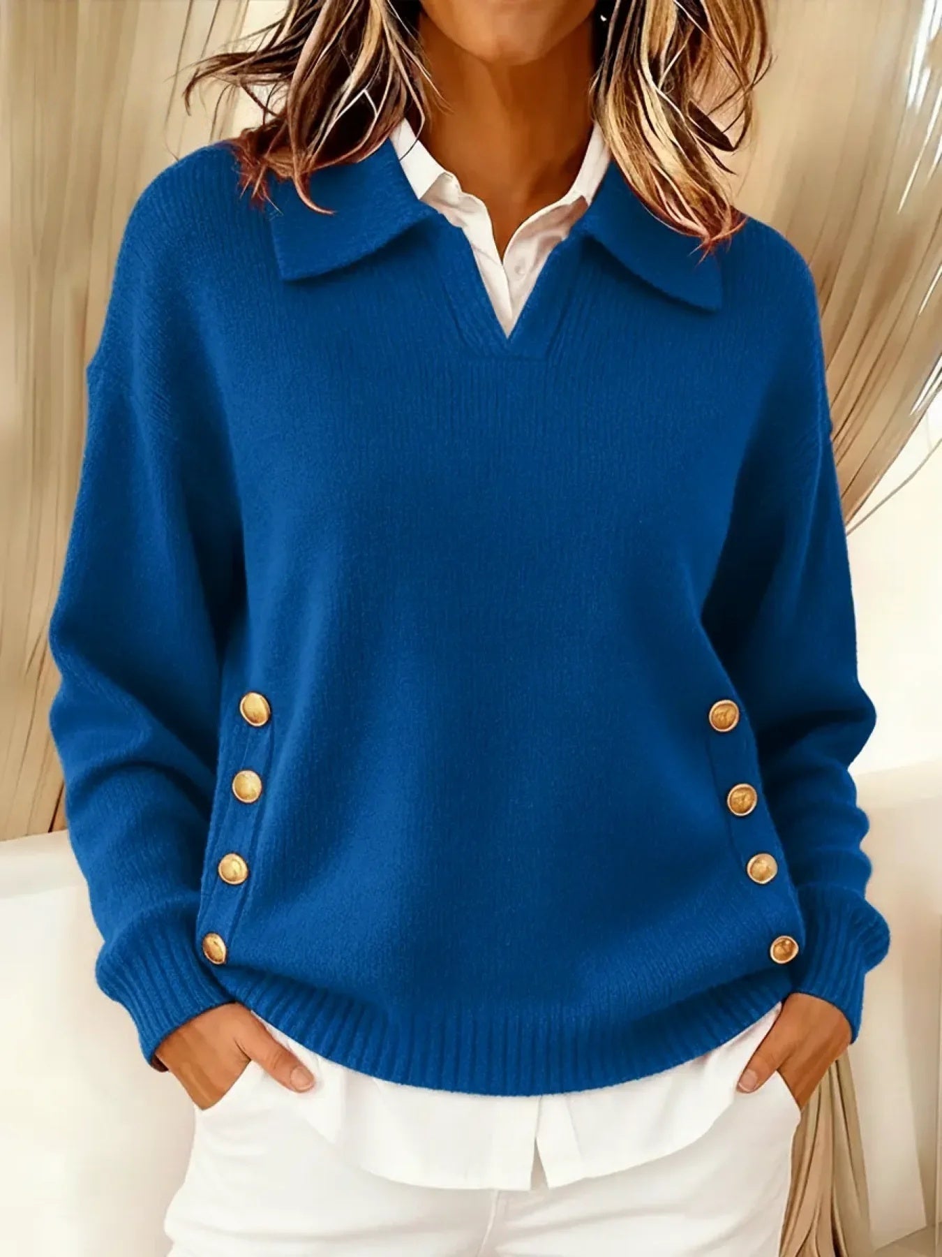 Roswitha | Pullover con colletto polo e bottoni color oro — 4