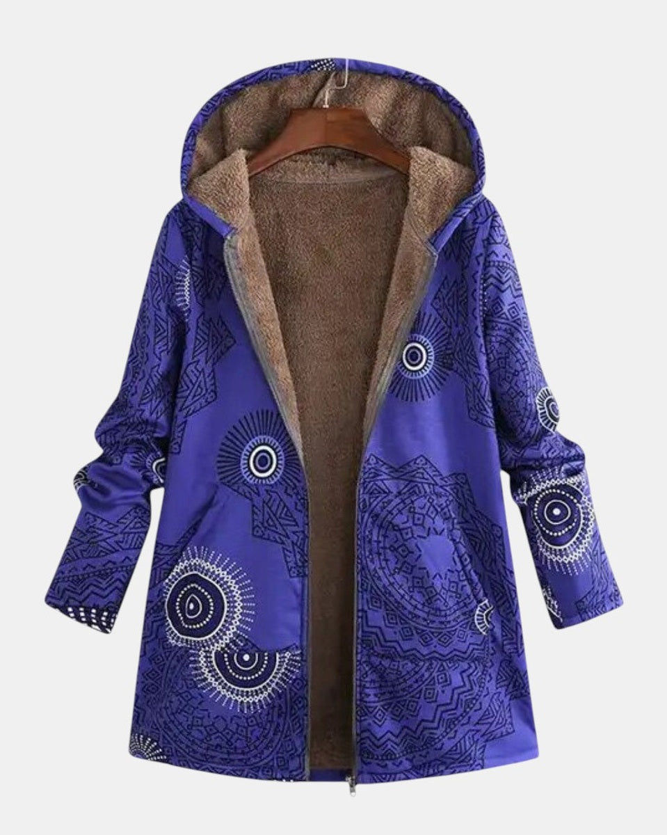 Luna | Felpa in pile blu navy con cappuccio e fantasia mandala — 1