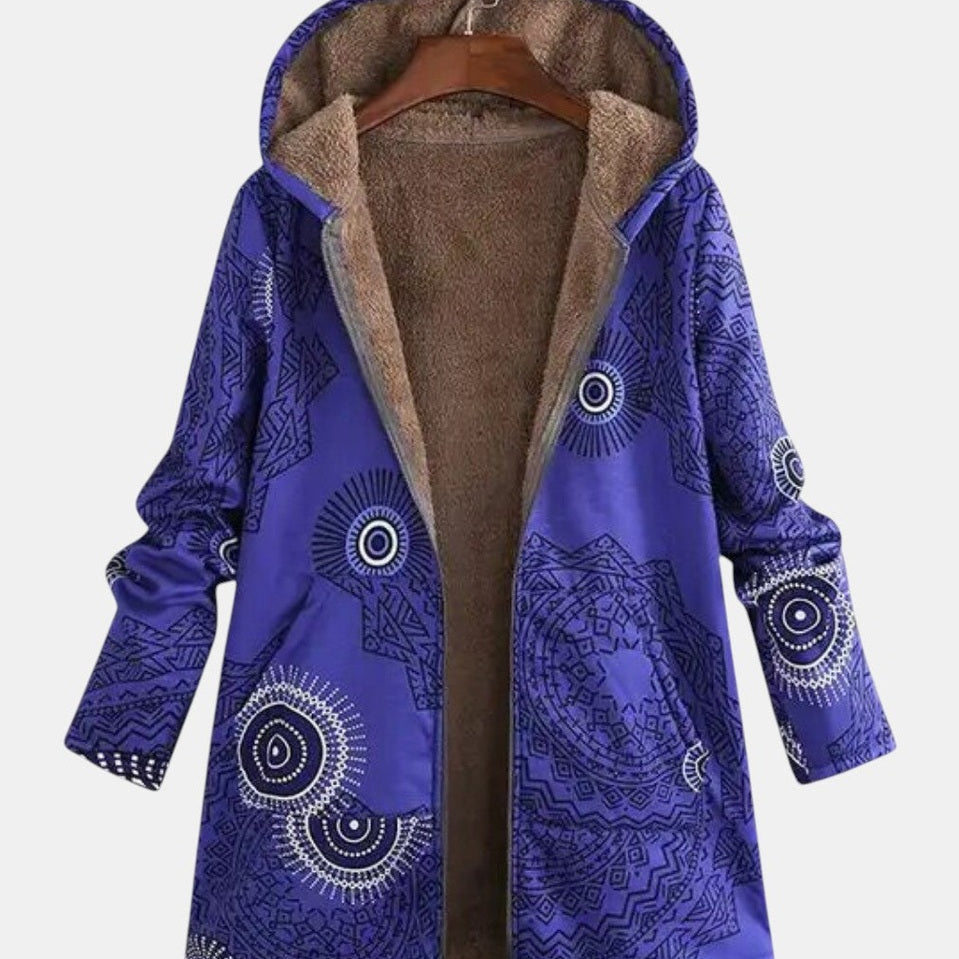 Luna | Felpa in pile blu navy con cappuccio e fantasia mandala — 1