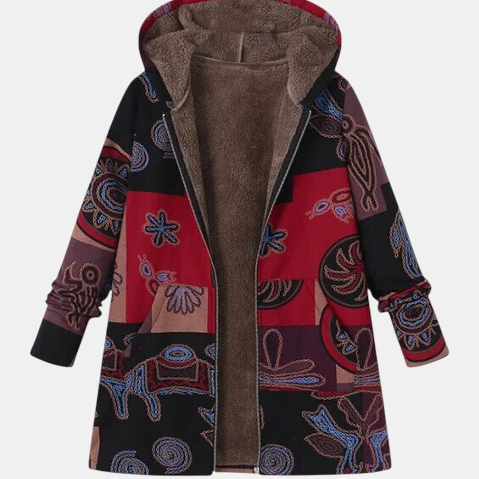 Marina | Cappotto boho patchwork con cappuccio e fantasia astratta — 1