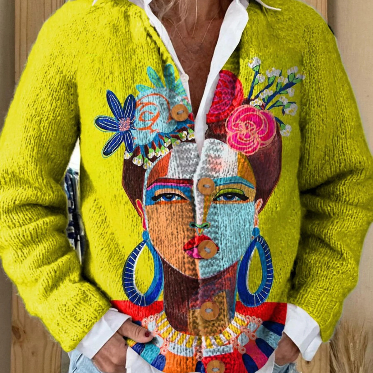 Cardigan con stampa artistica ritratto dipinto e bottoni — 1