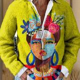 Cardigan con stampa artistica ritratto dipinto e bottoni — 1