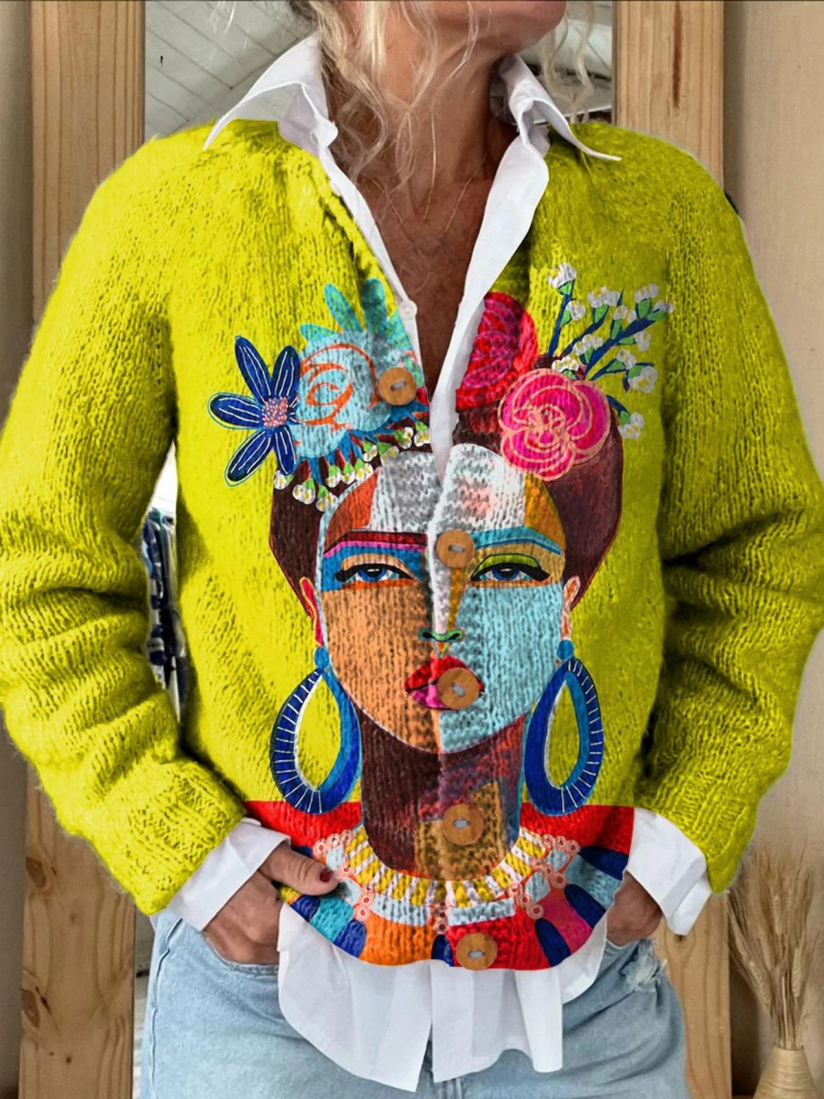 Cardigan con stampa artistica ritratto dipinto e bottoni — 1