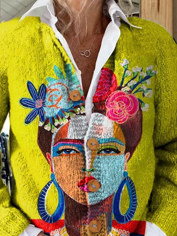Cardigan con stampa artistica ritratto dipinto e bottoni — 2